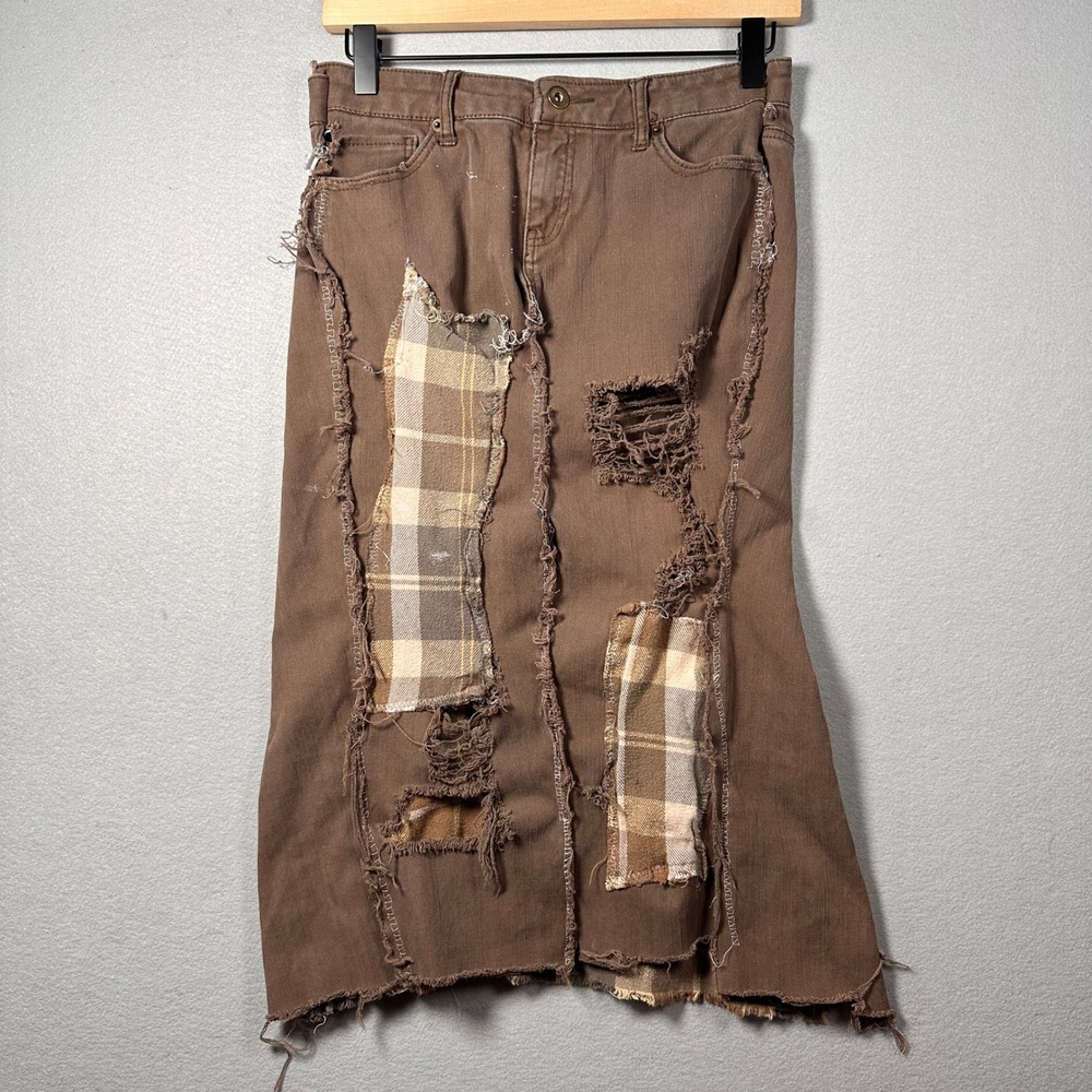 Custom Distressed Plaid Patchwork Maxi Skirt Womens 27 Grunge Upcycled Eclectic